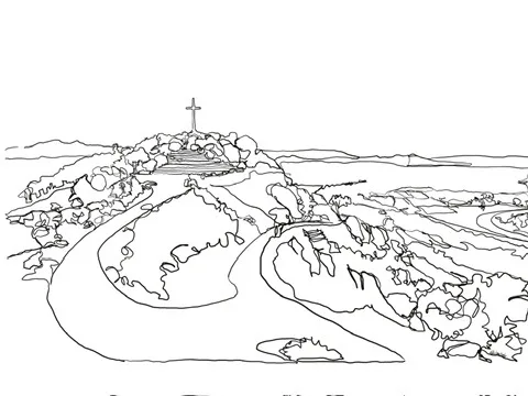 Continuous line drawing of a coastal landscape with a cross