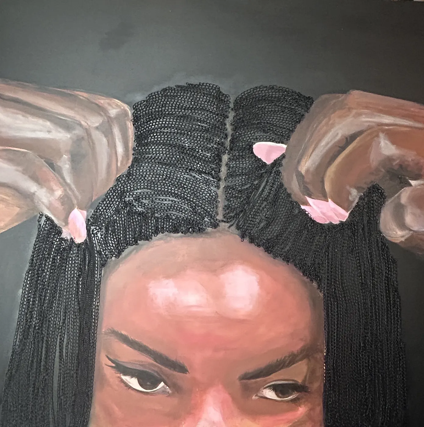 Painting of hands parting a woman's hair into braids made of chain, her eyes looking up