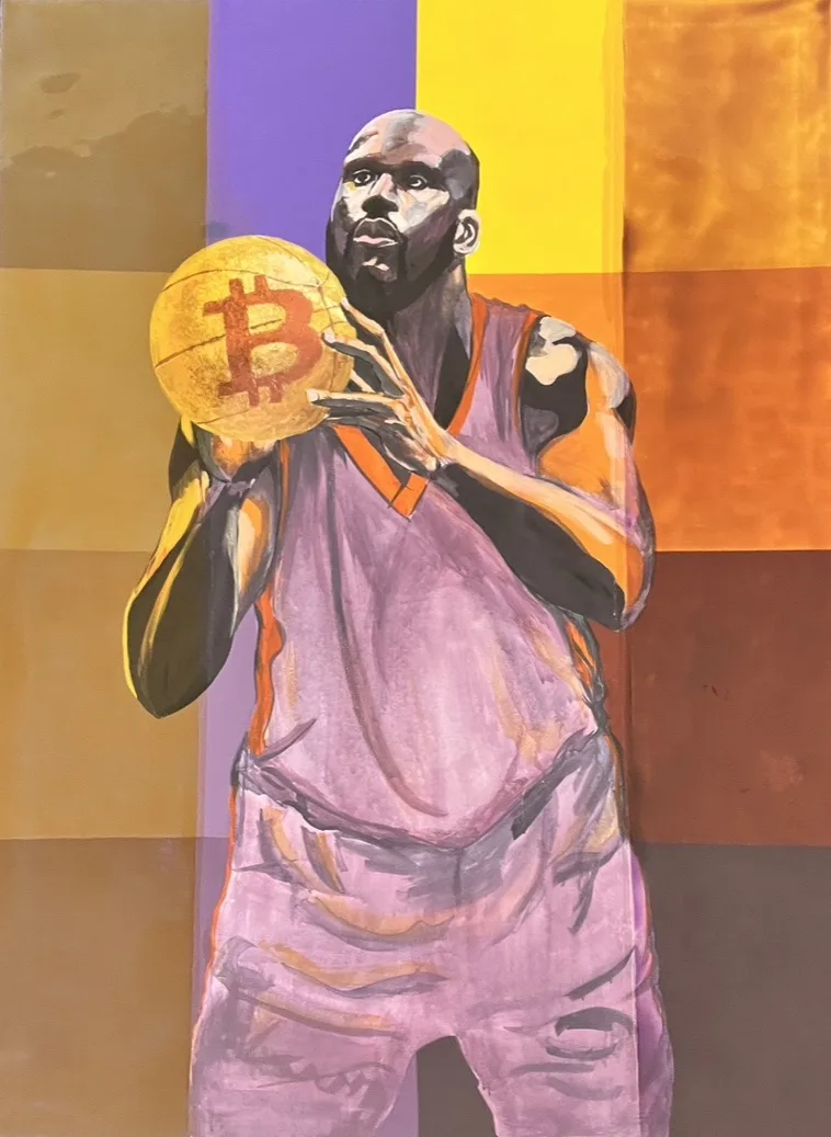 Acrylic painting of Shaquille O'Neal in a purple jersey holding a gold-leaf Bitcoin ball against purple, yellow and orange bands