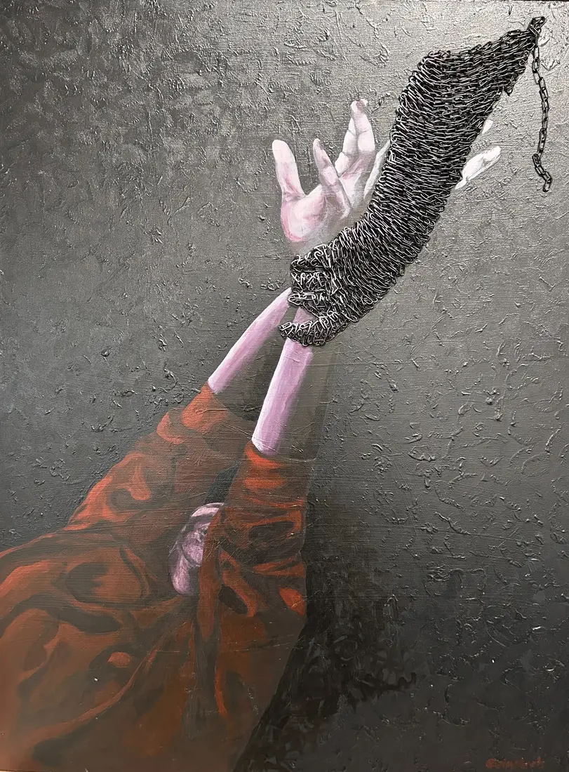 Painting of two raised hands pulling a braid of black chain across a dark textured field