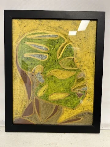 Framed green and gold cubist pastel work