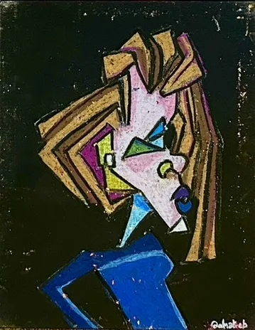 Gold and blue cubist pastel work on a dark ground